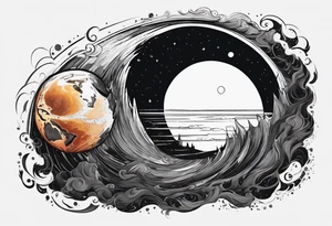 Large black hole swallowing earth. Earth is stretched and deformed as it enters the hole tattoo idea
