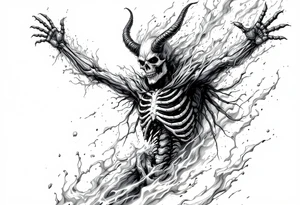 Flaming satan skeleton reaching up both arms to heaven full body tattoo idea