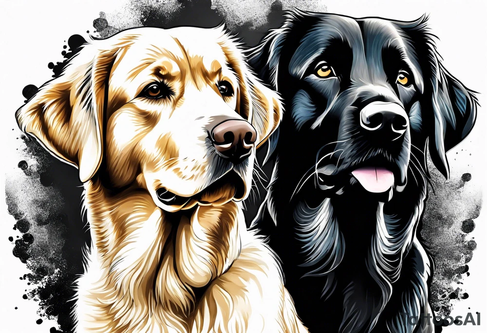 I want two dogs next to each other. One is a dark colored golden retriever and the other is a yellow lab. tattoo idea