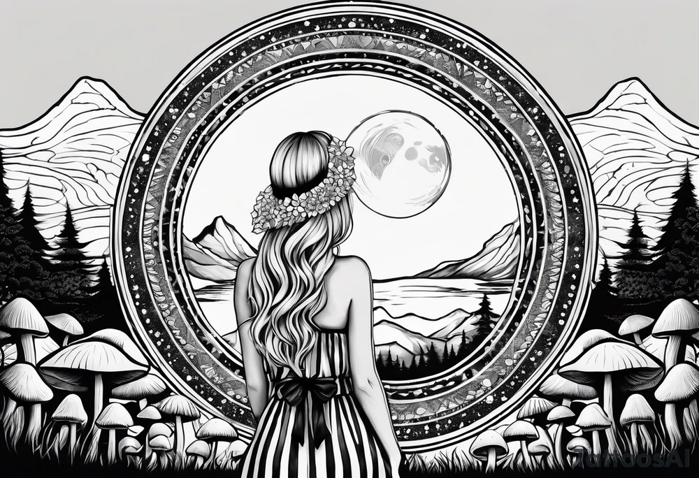 Straight blonde hair girl facing away toward mountains surrounded by mushrooms crescent moon mandala circular design black and white striped dress "8" tattoo idea