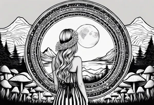 Straight blonde hair girl facing away toward mountains surrounded by mushrooms crescent moon mandala circular design black and white striped dress "8" tattoo idea