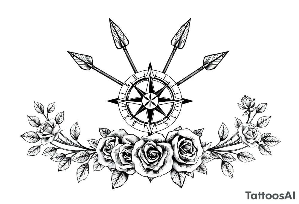 Detailed arrows with compass over top and beautiful rose vines around tattoo idea
