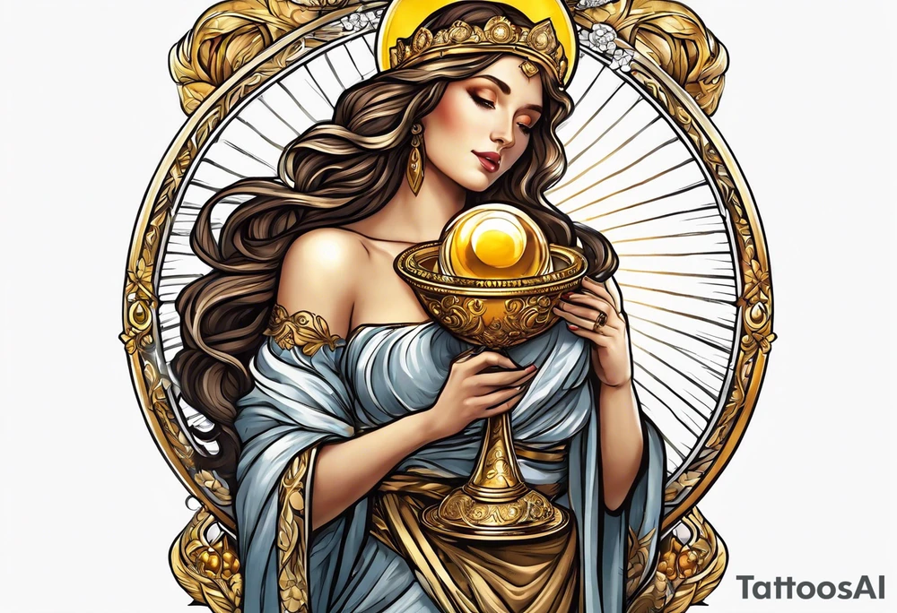 woman saint holding chalice surrounded by golden halo tattoo idea