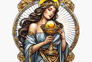 woman saint holding chalice surrounded by golden halo tattoo idea
