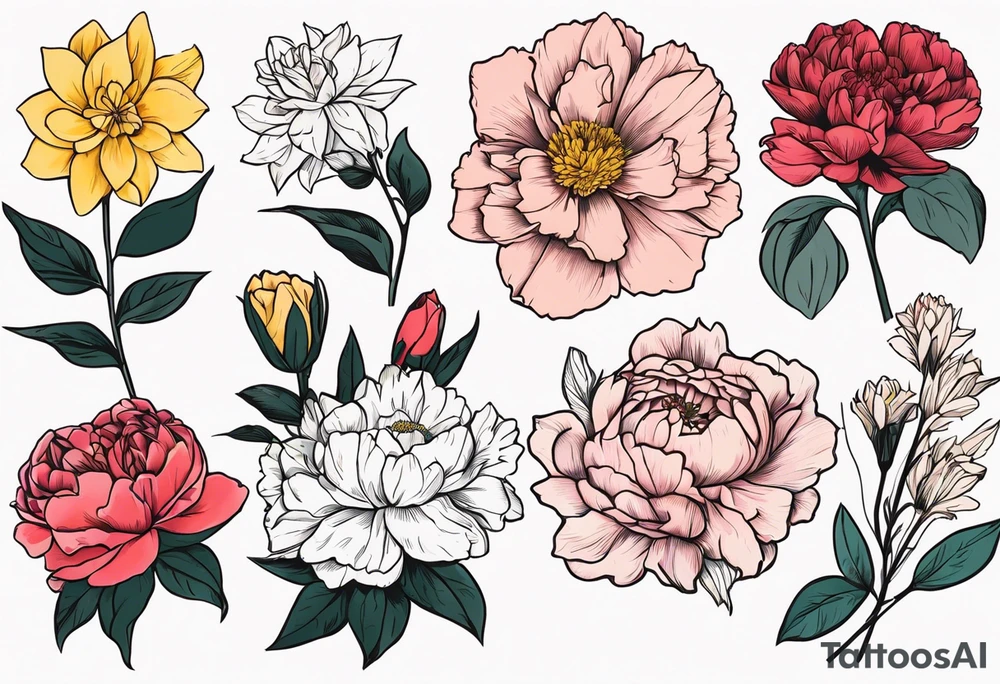 8 flowers bouquet with color:  carnation daffodil rose peony daphnee dahlia desiree daisy tattoo idea