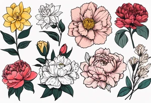 8 flowers bouquet with color:  carnation daffodil rose peony daphnee dahlia desiree daisy tattoo idea