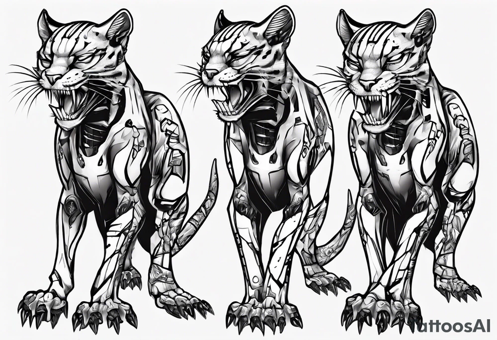 cybernetic ocelot full body teeth showing tattoo idea