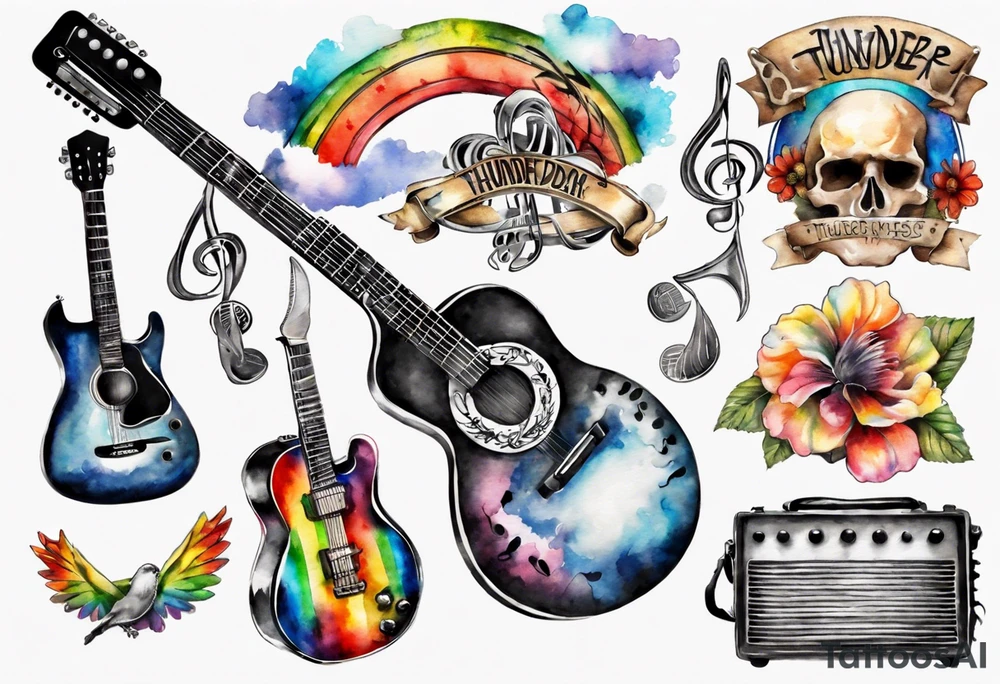 Music, guitar, harmonica, pick, dad, thunder, rainbow, tattoo idea