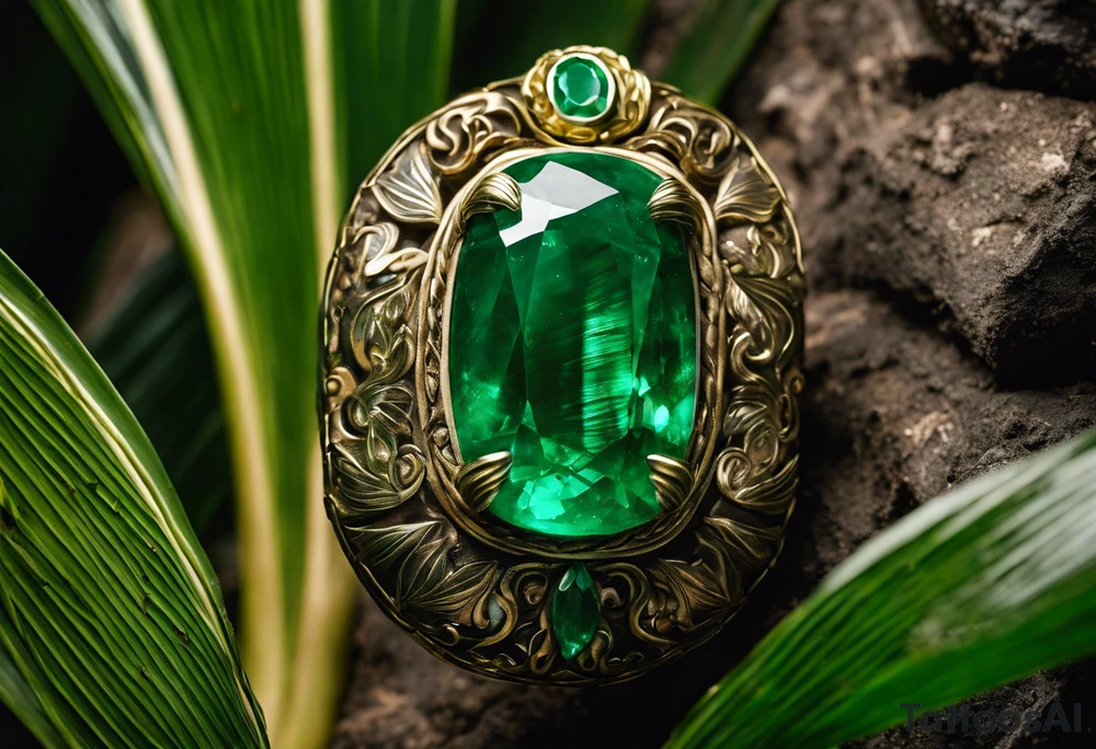 Tattoo: A striking Gachala emerald sits at the base of a tall quindio wax palm, which grows resiliently from cracks in rugged, rocky soil. The emerald is the main focal point, symbolizing strength and endurance, while the wax palm, rooted in the soil’s crevices, represents growth and resilience. A small water stream flows gently from the rocks, adding an element of life and nourishment. Style: Tribal. tattoo idea