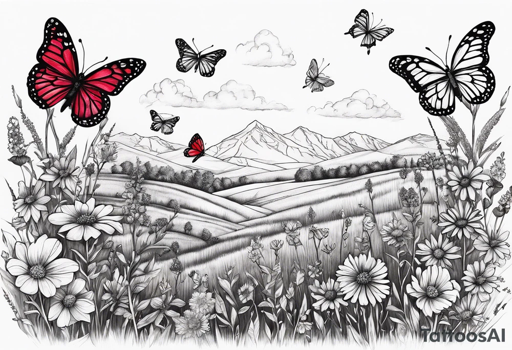 Wildflower field with "Ruby" in calligraphy font and butterflies around it tattoo idea