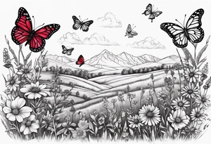 Wildflower field with "Ruby" in calligraphy font and butterflies around it tattoo idea
