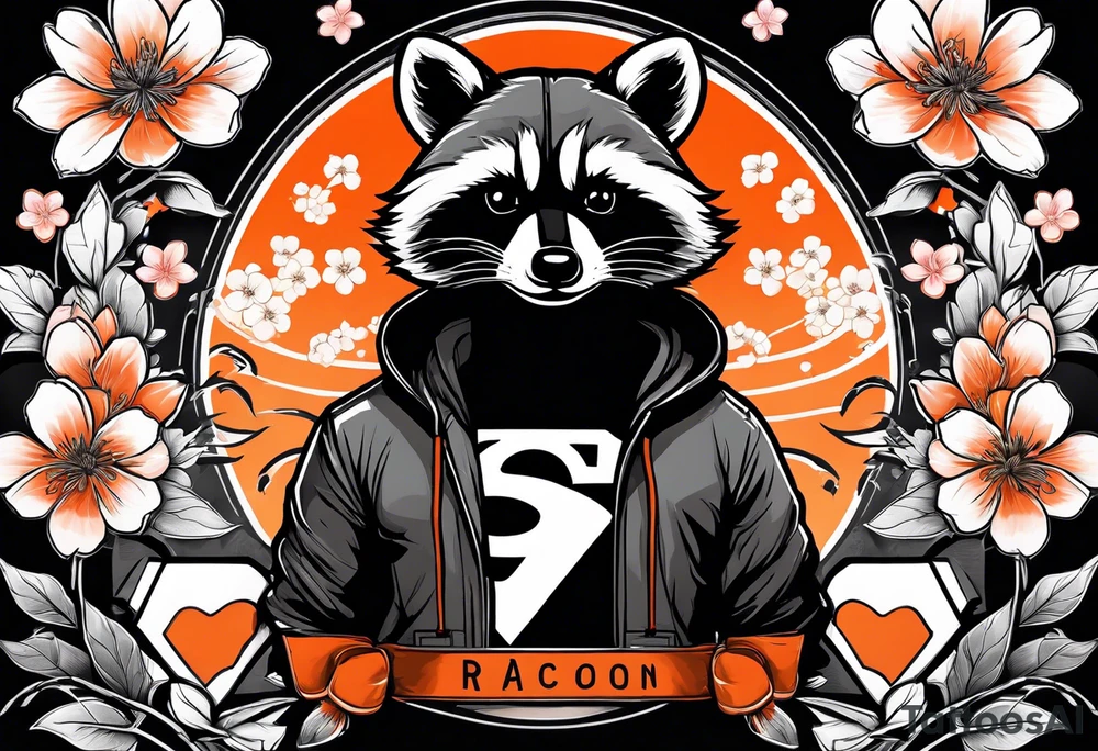 Raccoon wearing a white Superman logo on a black hoodie and orange Japanese cherry blossoms beside tattoo idea