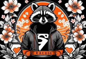 Raccoon wearing a white Superman logo on a black hoodie and orange Japanese cherry blossoms beside tattoo idea