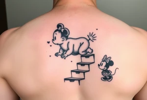 Babyboy crawling up to gods stairway to heaven surrounded wit baby mickey mouse and baby Minnie mouse baby winnie the poo tattoo idea