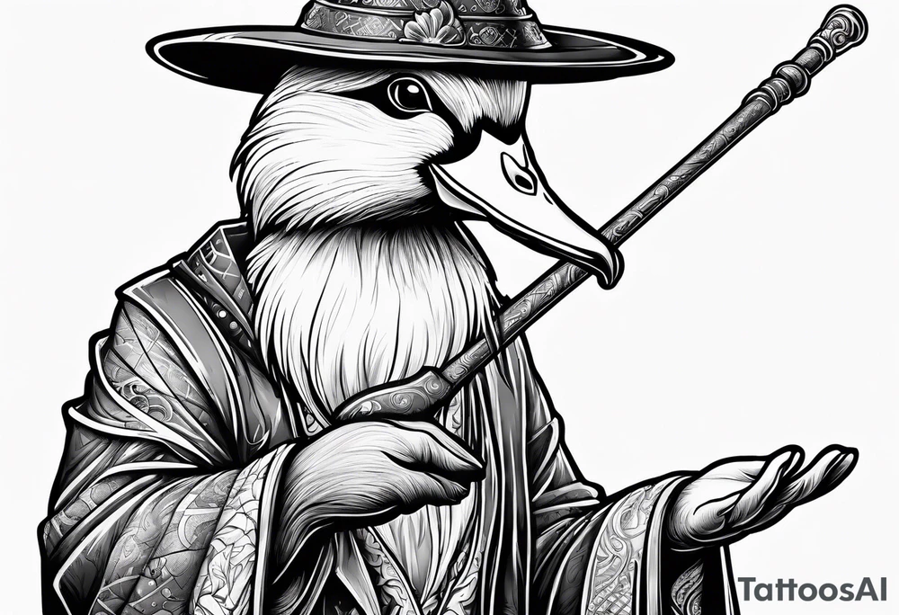Dabbling Duck dressed like a wizard casting a spell with his wand tattoo idea