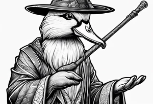Dabbling Duck dressed like a wizard casting a spell with his wand tattoo idea
