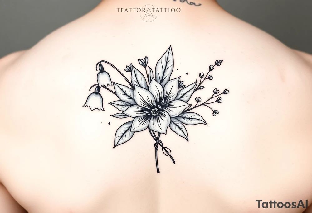 Simple small design in black bunch of flowers 1 lily of the valley 1 daffodil 1 holly 1 larkspur tattoo idea