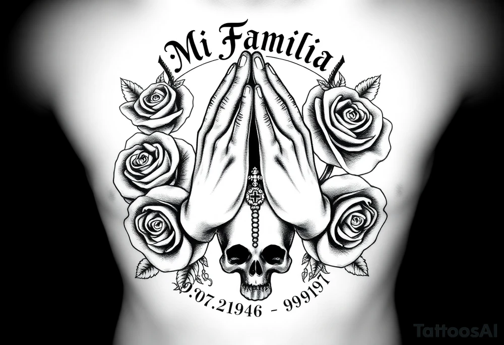 Black and grey gang style tattoo design. Centered praying hands with a rosary, surrounded by three realistic roses. Above the hands, gothic text saying 'Mi Familia'. Below each rose, a date in this order: '23.06.1980', '30.12.1946', '07.04.1979'. Add a crowned skull subtly in the background, symbolizing loyalty after death. Chicano tattoo style, fine shading, no color tattoo idea