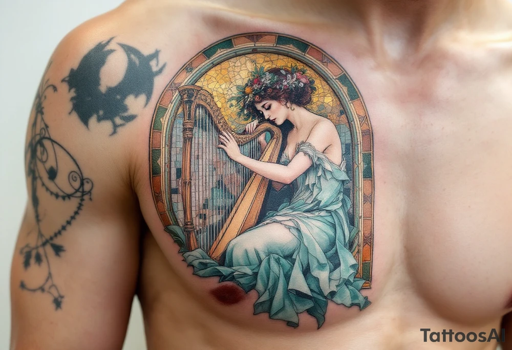 Alfons Mucha’s serene muse playing a harp, in a dress of soft teal and white, framed by an arched mosaic of copper and green. tattoo idea