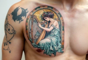 Alfons Mucha’s serene muse playing a harp, in a dress of soft teal and white, framed by an arched mosaic of copper and green. tattoo idea