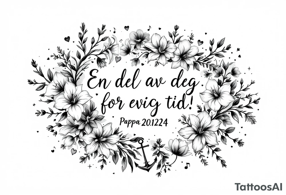make a quote that says "En del av deg for evig tid! Pappa 20.12.24" Surrounded by gladiolus, music notes, hearts and an anchor tattoo idea