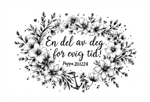 make a quote that says "En del av deg for evig tid! Pappa 20.12.24" Surrounded by gladiolus, music notes, hearts and an anchor tattoo idea