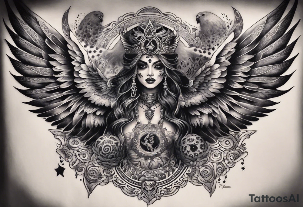 black kali, goddess pirate, alien, angel, pachamama, valkrye, warrior, flying, skull, lotus azul, wing, eagle, zenza resonance, stars, 5D, anahata chakra, death, durga, riding on a tiger, flying lady, kundalini, chest tatoo, rebel tattoo idea