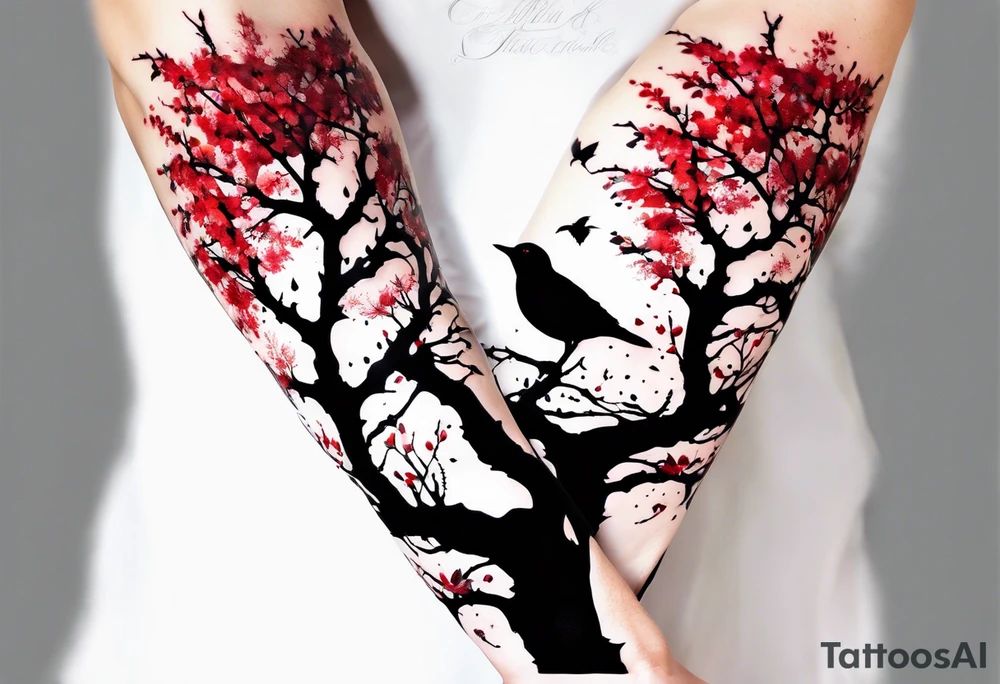 trash polka style. Arm tattoo. chest tattoo. Long tattoo. large tattoo. Full sleeve. Shoulder. A single large maple tree with red autumn leaves that branches upwards from wrist to shoulder. White-throated dipper bird on the trees branches. Calluna flowers at the base of the trees stem. Leaves falling. tattoo idea