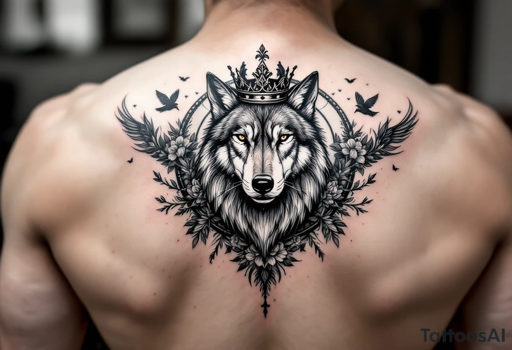 powerful majestic wolf with a crown, surrounded by floral ornaments and birds tattoo idea