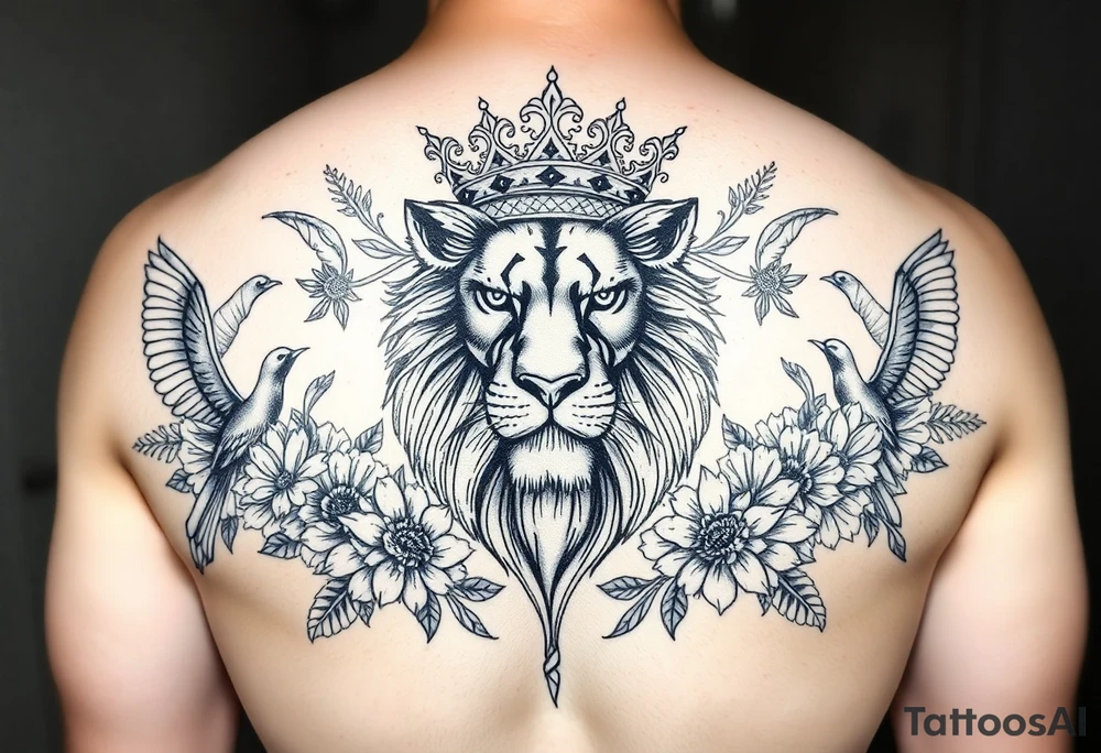 powerful majestic lion with a crown, surrounded by floral ornaments and birds tattoo idea
