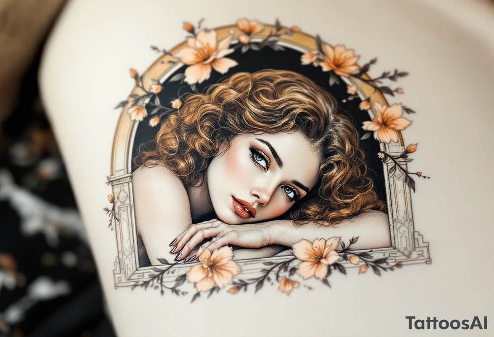 Alfons Mucha’s romantic portrait of a woman with chestnut curls, resting beneath an arched frame of bronze and peach blossoms. tattoo idea