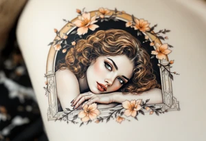 Alfons Mucha’s romantic portrait of a woman with chestnut curls, resting beneath an arched frame of bronze and peach blossoms. tattoo idea