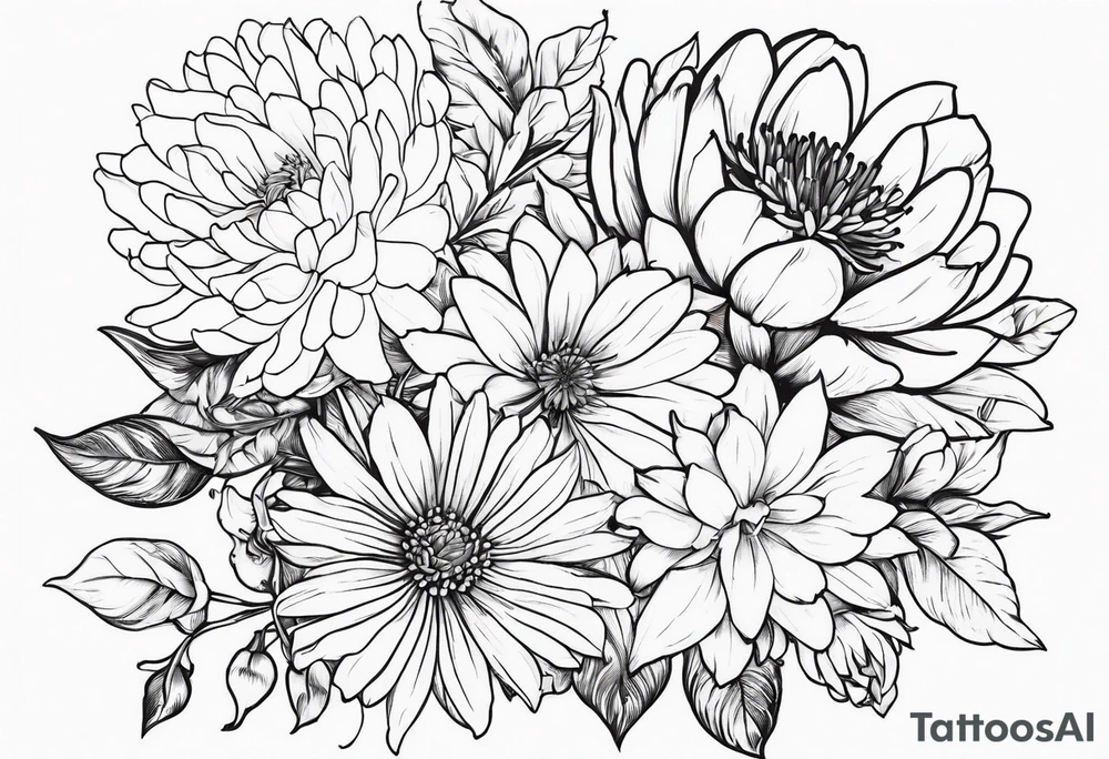 Asters, roses, Lillies, chrysanthemums in a long line tattoo idea