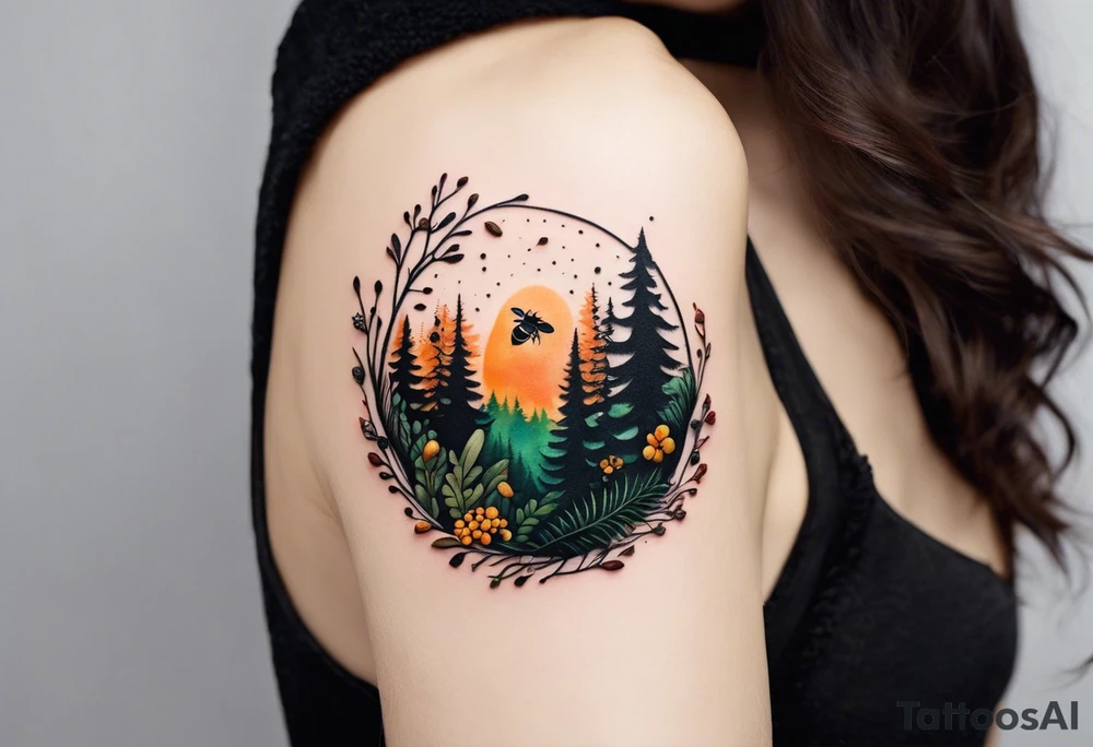 forest floor inspired minimalist tattoo, which includes grass, curly ferns, moss and dead leaves as the bulk of the tattoo. details to include: forest berries, a tiny bumblebee flying nearby, three small brown mushrooms
Generate a vertically long one tattoo idea