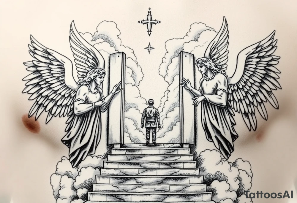 Too strong maleangels holding open the gates of heaven with the male figure walking up the steps.Saying fly high baby boy Realistic angels With clouds in the background and I won't text that I fly hi.Gh baby boy chess fully covered tattoo idea