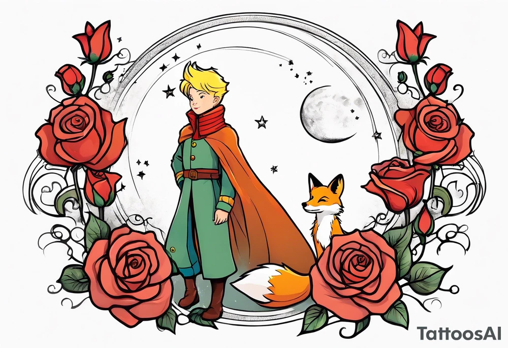 The Little prince with fox on his planet with rose tattoo idea