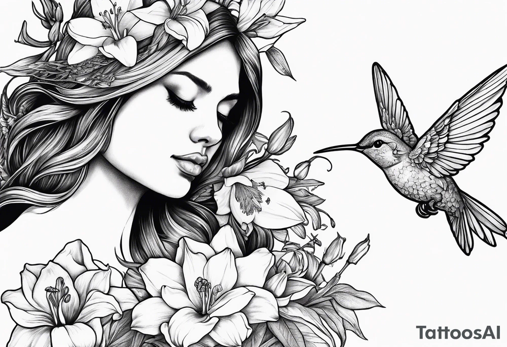 fallen angel with head down and face covered by her hair surrounded by lily, daffodil, rose, daisy, narcissus holding a hummingbird tattoo idea
