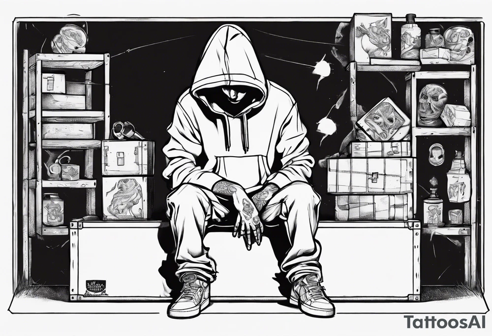 A human in a hoodie sitting on a box, looking down. tattoo idea