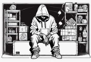 A human in a hoodie sitting on a box, looking down. tattoo idea