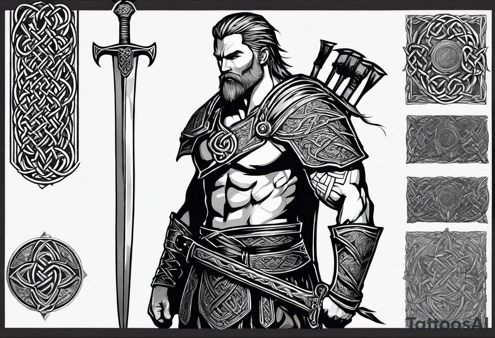 Full body side profile of
Celtic warrior with short hair, a sword in one hand and an axe in the other. tattoo idea
