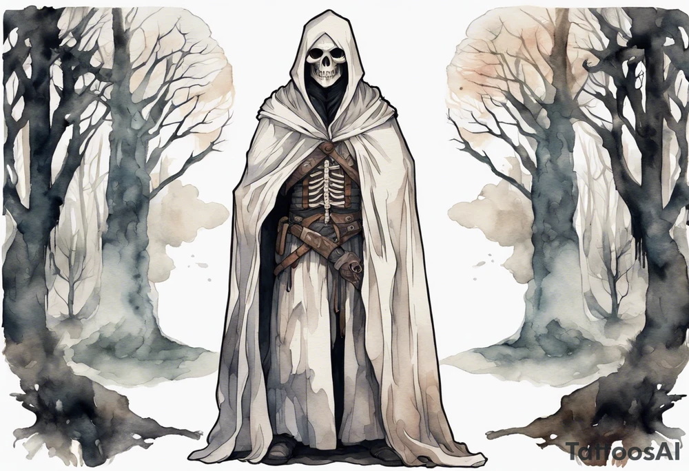 a medieval man in a white cloak wearing skull for a mask standing alone in a gloomy barren forest tattoo idea