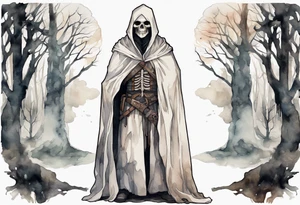 a medieval man in a white cloak wearing skull for a mask standing alone in a gloomy barren forest tattoo idea