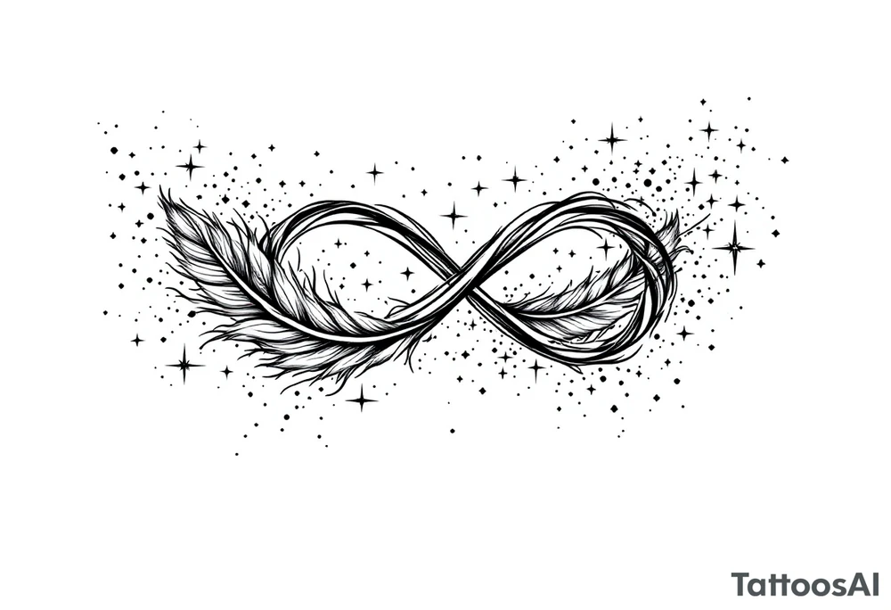 infinity symbol woven with floating feathers and stardust tattoo idea