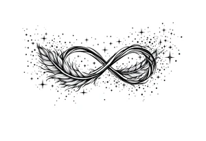 infinity symbol woven with floating feathers and stardust tattoo idea