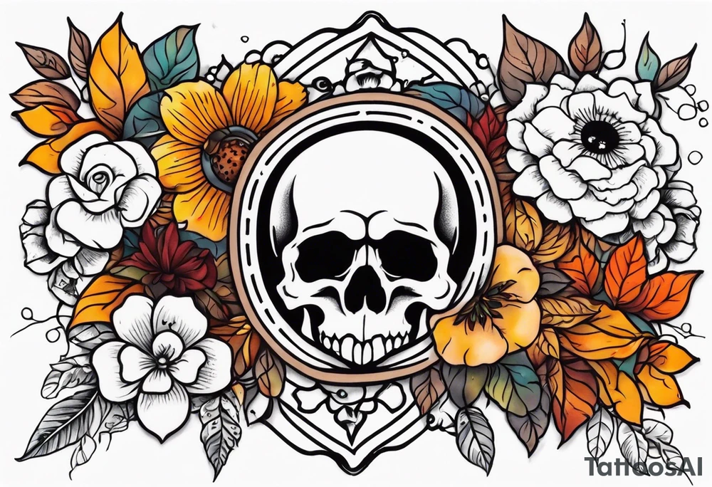 Old school center Knee tattoo with skulls, various flowers, water shapes and fall colors tattoo idea
