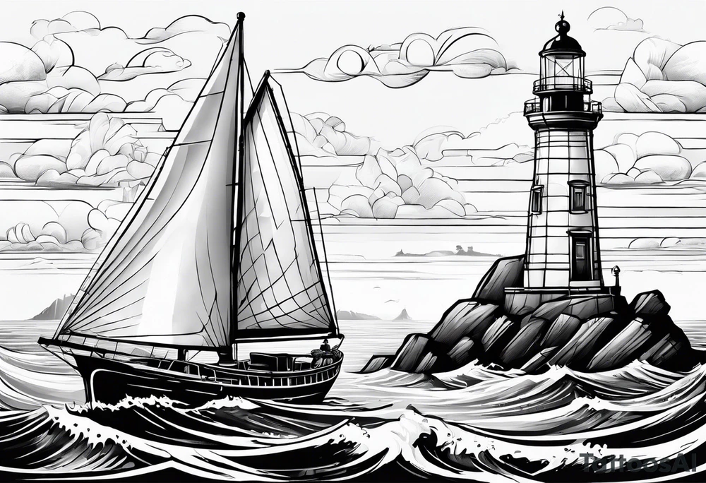 phare maritime dans un bateau a voiles vu du devant. tattoo idea
