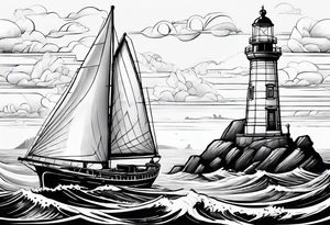 phare maritime dans un bateau a voiles vu du devant. tattoo idea