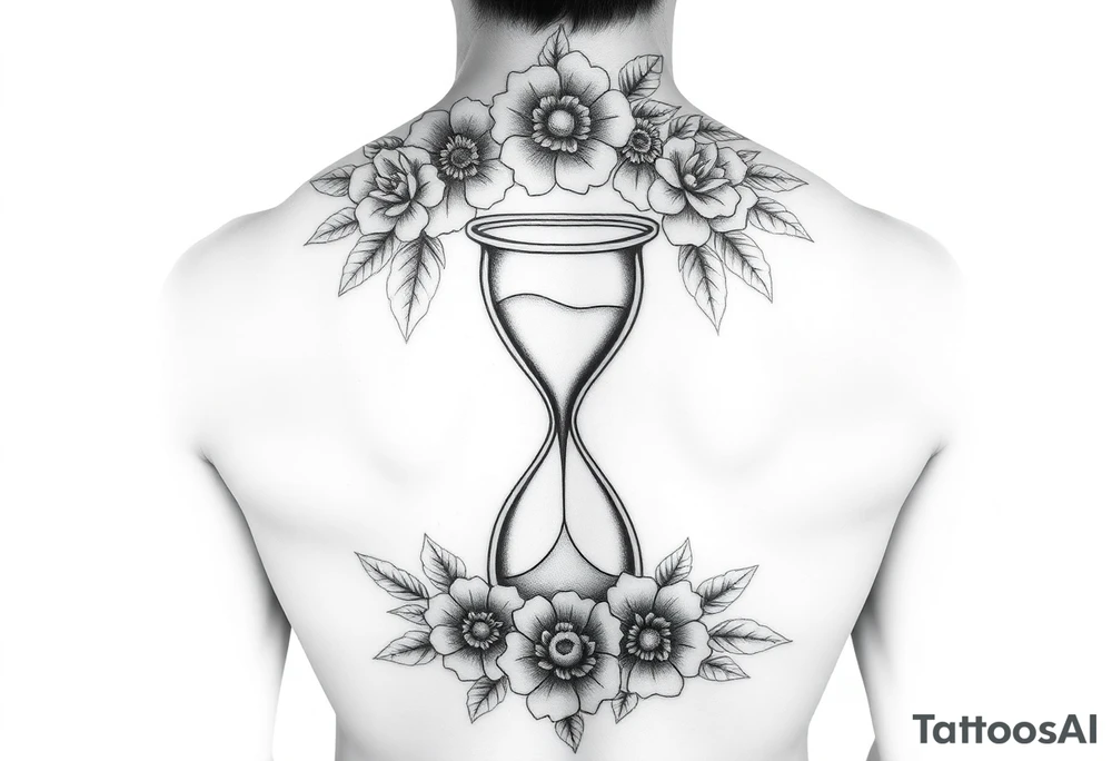 A full back tattoo with soft florals at the top. In the middle, there’s an hourglass. And below it is soft, florals, connecting to the flowers at the top. tattoo idea