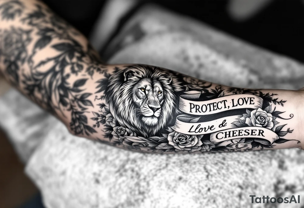 Full sleeve with the words, protect, love, and cherish. With my daughters name “Sutton” and her birthday May 30th 2023 with a lion and roses. tattoo idea