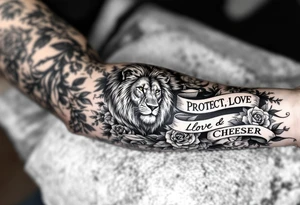 Full sleeve with the words, protect, love, and cherish. With my daughters name “Sutton” and her birthday May 30th 2023 with a lion and roses. tattoo idea